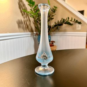 Vintage FENTON 8” Iridescent Velva Iridescent Blue Stretch Glass Footed Bud Vase